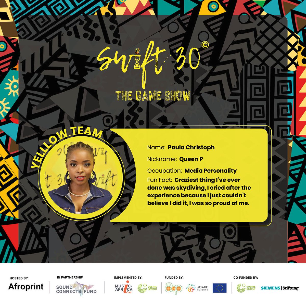 Swift30GameShow's tweet photo. Are you ready for episode 3 this Friday? 📷
Here are some fun facts about Team Yellow from Future Media.
#RollADice #Swift30 #Afroprint #soundconnectsfund #soundconnectsus #MIAF #GoetheInstitut https://t.co/EcciAOA3JO