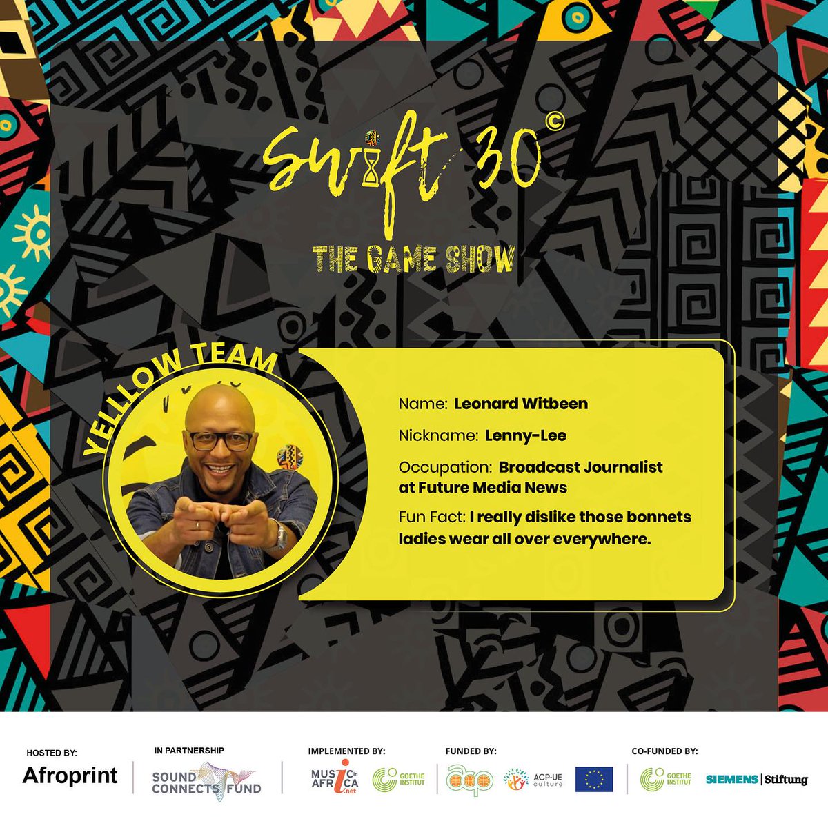 Swift30GameShow's tweet photo. Are you ready for episode 3 this Friday? 📷
Here are some fun facts about Team Yellow from Future Media.
#RollADice #Swift30 #Afroprint #soundconnectsfund #soundconnectsus #MIAF #GoetheInstitut https://t.co/EcciAOA3JO