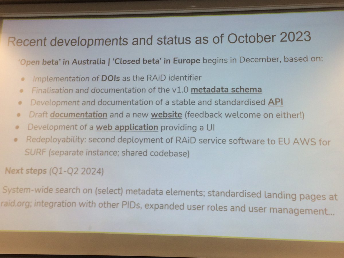 Listening to an update on #RAiDs by Maarten Hoogerwerf @SURF_NL at the @euroCRIS_Org #SMM2023Pamplona. @RAiD_PID about to arrive in Europe (as 'closed beta' for the time being) #PIDs 
@FAIRCORE4EOSC