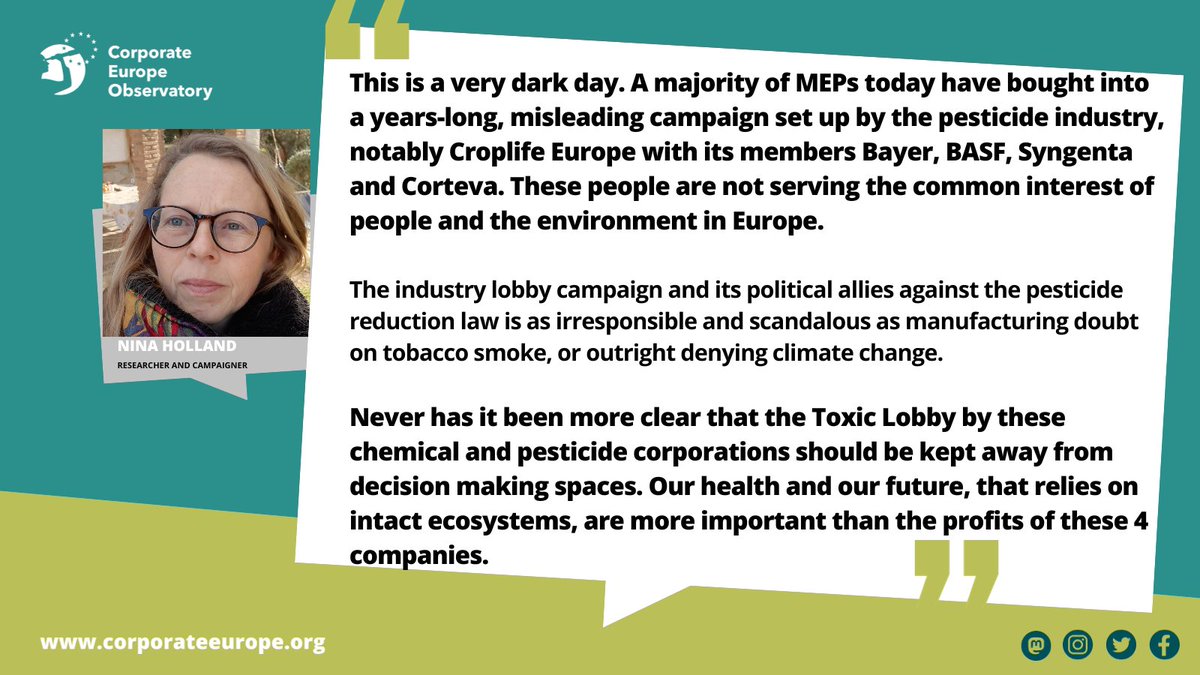 The pesticide lobby and the right-wing have managed to sabotage pesticide reduction law #SUR . 

What a disaster. It is a calamity for farmers, citizens, and the environment.

👉 If you want to know how this law got slashed, read our report here: corporateeurope.org/en/2023/11/sab…
