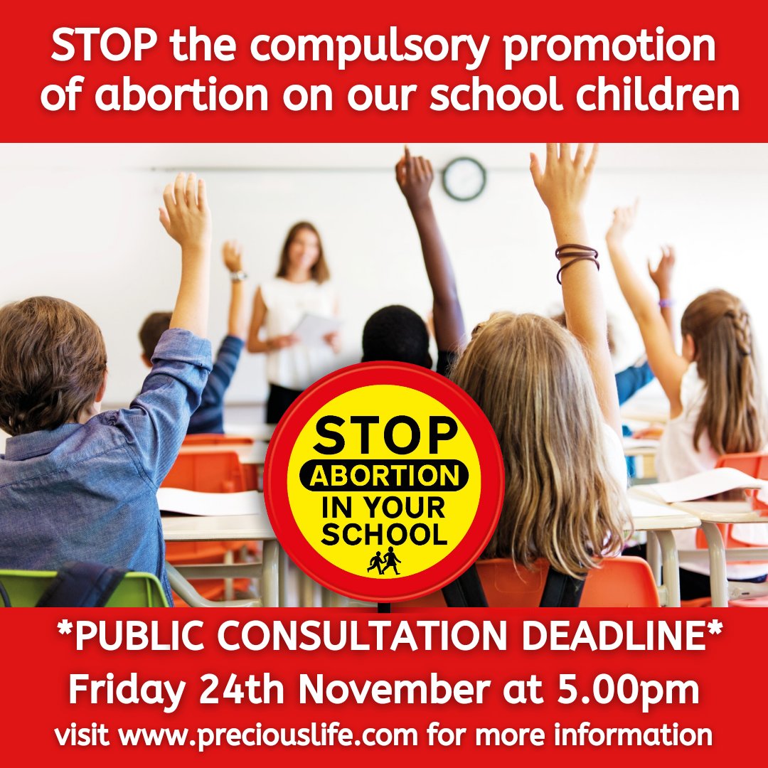 @PreciousLifeCom need your help to STOP ABORTION in Northern Ireland's schools 

🔴 Deadline to respond to the Public Consultation is this Friday the 24th November at 5pm

It takes approximately 10 minutes to respond.
⬇️
preciouslife.com/news/1185/stop…

#StopRSE