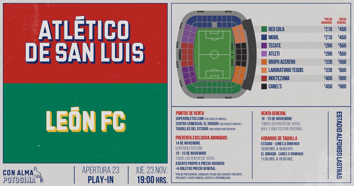 Mañana todos juntos. 🎟️ Potosino, compra tus boletos en taquillas del estadio (sin cargos por servicio) o en línea aquí 👉🏼 bit.ly/ADSLAP23 ¿Ya compraste tu Abono CL24? ¡Aprovecha el precio especial para ti! 🫵🏼🎫 #ConAlmaPotosina