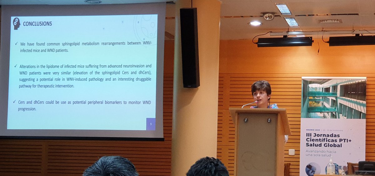 Nuestra compañera Patricia Mingo mostrando modificaciones del lipidoma circulante tras la infección por el virus #WNV encontradas tanto en ratón como en pacientes humanos y su posibilidad como biomarcadores de infección por el virus. III Jornadas Científicas #PTI <a href="/SaludglobalCSIC/">saludglobalCSIC</a>