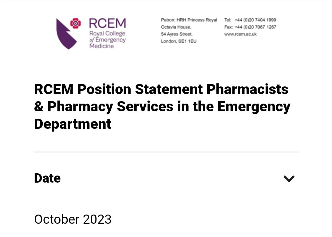 The <a href="/UKCPAEmergency/">UKCPA Emergency Care Committee</a> are incredibly excited to announce completed consultation with <a href="/RCollEM/">Royal College of Emergency Medicine</a> recommending pharmacy services in all EDs to improve medicines safety and optimisation. A massive moment for the Emergency Medicine Pharmacy community. shorturl.at/cozT3 <a href="/UKCPA/">UKCPA</a>