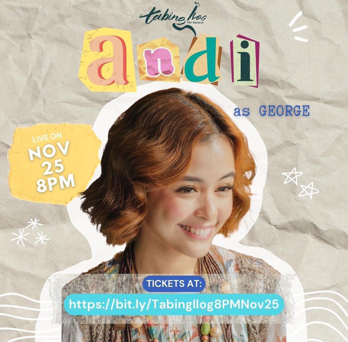 One day, some day, sa tamang panahon. 🍃
Samahan ang aura awareness girl ng barkada, si GEORGE!
Played by PBB Alumni, and The Iron Heart’s Andi Abaya!

✨NOV. 25, 2023 @ 8PM! ✨

bit.ly/TabingIlog8PMN…

Text: 0998 547 3645

#AndiAbaya | <a href="/iamandiabaya/">Andi Abaya</a> 
#TabingIlogTheMusical