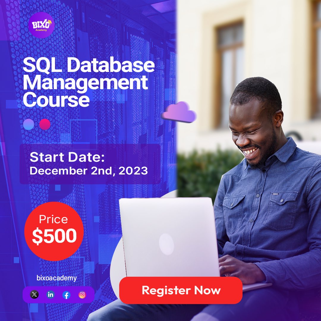 BixoAcademy's tweet image. Ready to master SQL?
Our course starts on Dec 2nd!
DM us to kickstart your SQL journey or enroll directly on rb.gy/a7bvhm
Don't miss out!
#SQLCourse #TechEd #BIXOAcademy