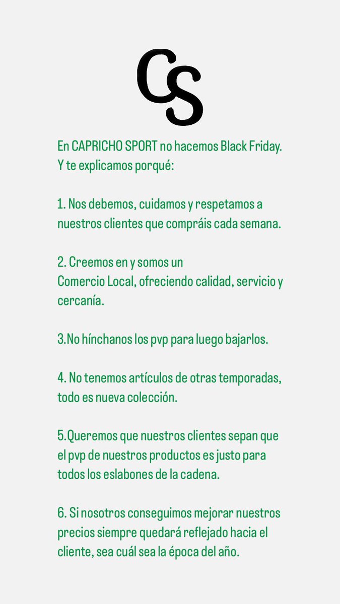CaprichoSport's tweet photo. En CAPRICHO SPORT no hacemos Black Friday.
Y te explicamos porqué:
👇🏽    👇🏽    👇🏽

#comercilocal #sanvicentedelrespeig #alicante #deporte #ropa #baloncesto #basketball #football #natacion #caprichosport #moda #deportiva #BlackFriday #BlackFriday2023 #noalblackfriday https://t.co/JDvigFAxWr