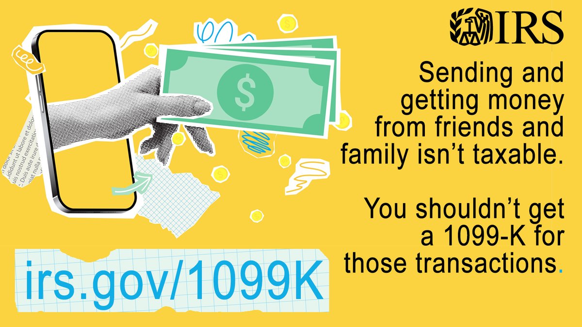 The new $600 threshold for payment apps and online marketplaces to report payments on a 1099-K is delayed. #IRS reminder: Money received from friends and family as a gift isn't taxable income and shouldn’t be reported on a 1099-K.  irs.gov/1099k