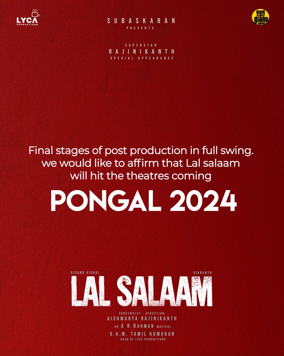 #LalSalaam release for PONGAL 2024 Releasing in Tamil, Telugu, Hindi, Malayalam & Kannada! @rajinikanth @ash_rajinikanth @arrahman @TheVishnuVishal #LalSalaamFromPongal #MoideenBhaiArrivesOnPongal