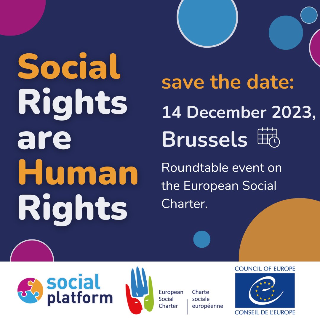 Social rights are human rights! 📣

Register today to join @social_platform & @CoESocialRights for a roundtable event exploring the role of the #Europeansocialcharter in advancing #HumanRights 

🗓️ 14/12/23
📍TownHall Europe, Sq de Meeûs
👉Register here: socialplatform.org/events/social-…