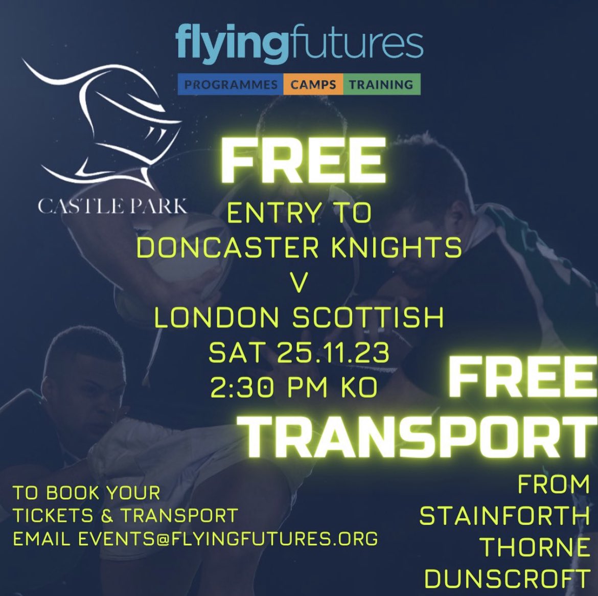 FlyingFutures's tweet photo. Come with us to watch Doncaster Knights for FREE!
We’ll even provide FREE transport from 3 pick up/drop off locations, thanks to Well Doncaster from:
Stainforth
Dunscroft
Thorne
📧 events@flyingfutures.org
#flyingfutures #dunscroft #doncasterisgreat #thorne #stainforth https://t.co/wu3OMYwbpv
