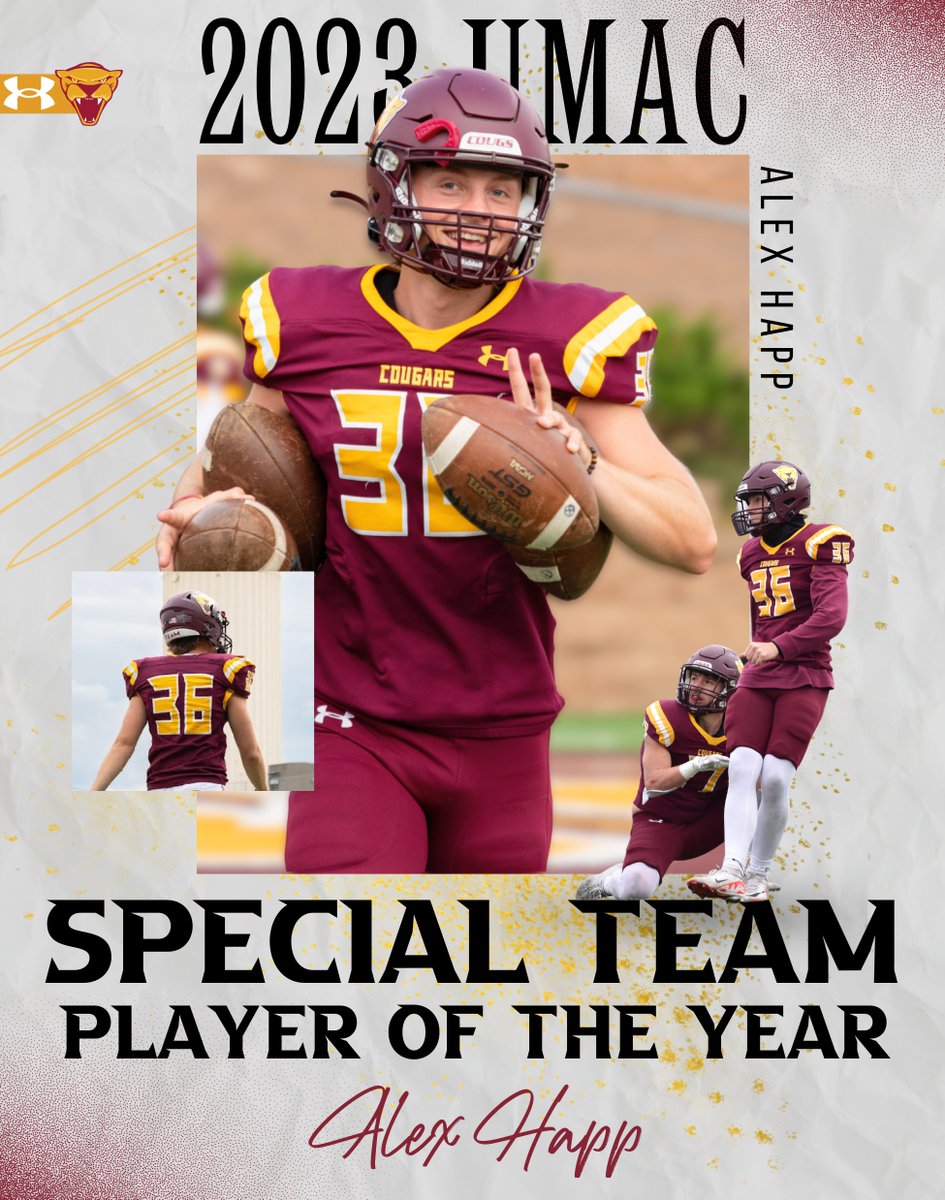 Congrats to our 4 UMAC awards winners 🏆

Coach of the Year- Marty Hoffmann
Lineman of the Year- Christian Diederich
Defensive Player of the Year- Chayce Meyer 
Sp. Team Player of the Year- Alex Happ

#TEAM #RollCougs🐾