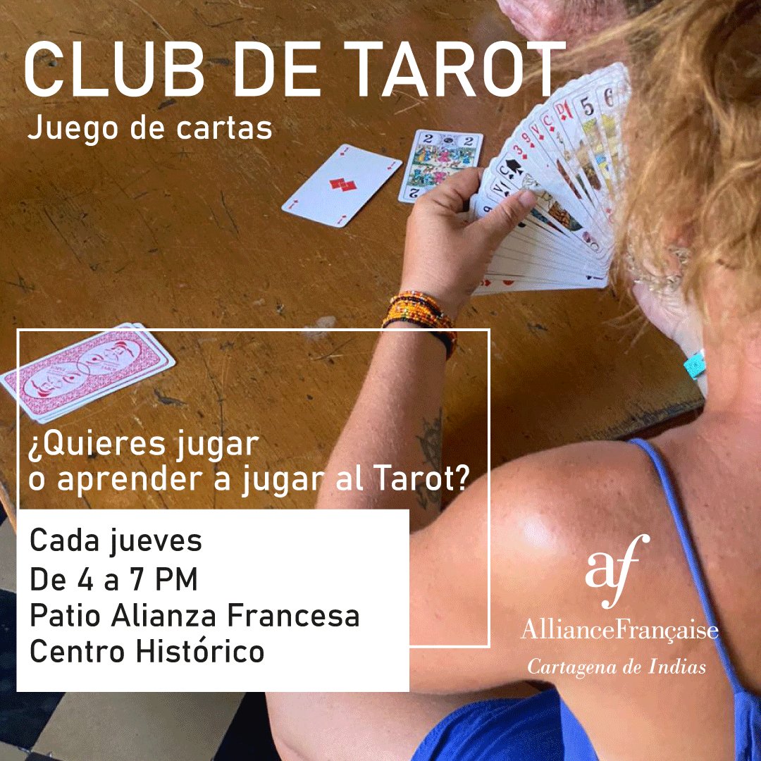 🃏¿Te gusta jugar al #tarot o quieres aprender? El tarot es un juego de cartas que a muchos franceses les encanta jugar y ¡cada jueves tenemos un club que viene a jugar!
📆 Cada jueves
🕓 Desde las 4 PM
📍 Alianza Francesa Cartagena
Te esperamos ♣️
#jugar #juegocartas #cartas