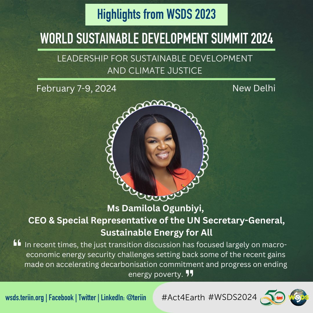 teriin's tweet image. #Throwback #WSDS2023

“It is vital to have more investment and funding to developing countries to achieve #EnergyAccess and #EnergyTransition,&quot; said Ms @DamilolaSDG7, CEO &amp;amp; UN SRSG, @SEforALLorg in her leadership address.

Apply for #WSDS2024👉bit.ly/WSDS2024APP 

#Act4Earth