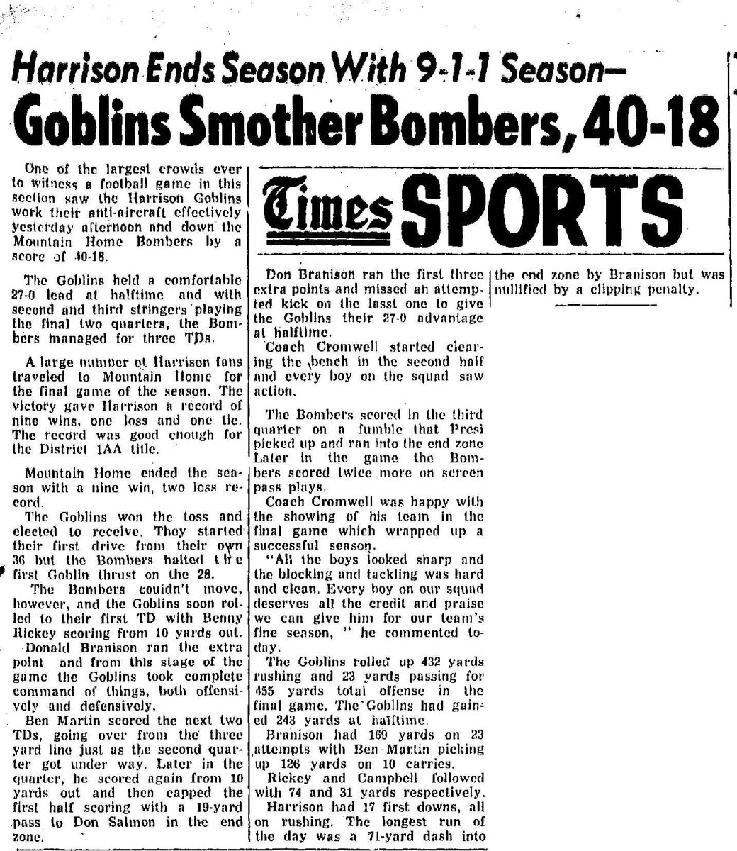 From the historical records of the Harrison Daily Times: On this day in the annals of Goblin Football History, the Harrison Goblins emerged victorious over the Mountain Home Bombers with a score of 40-18 on Thanksgiving Day in 1956, securing the 1AA Conference title. #GoGobs