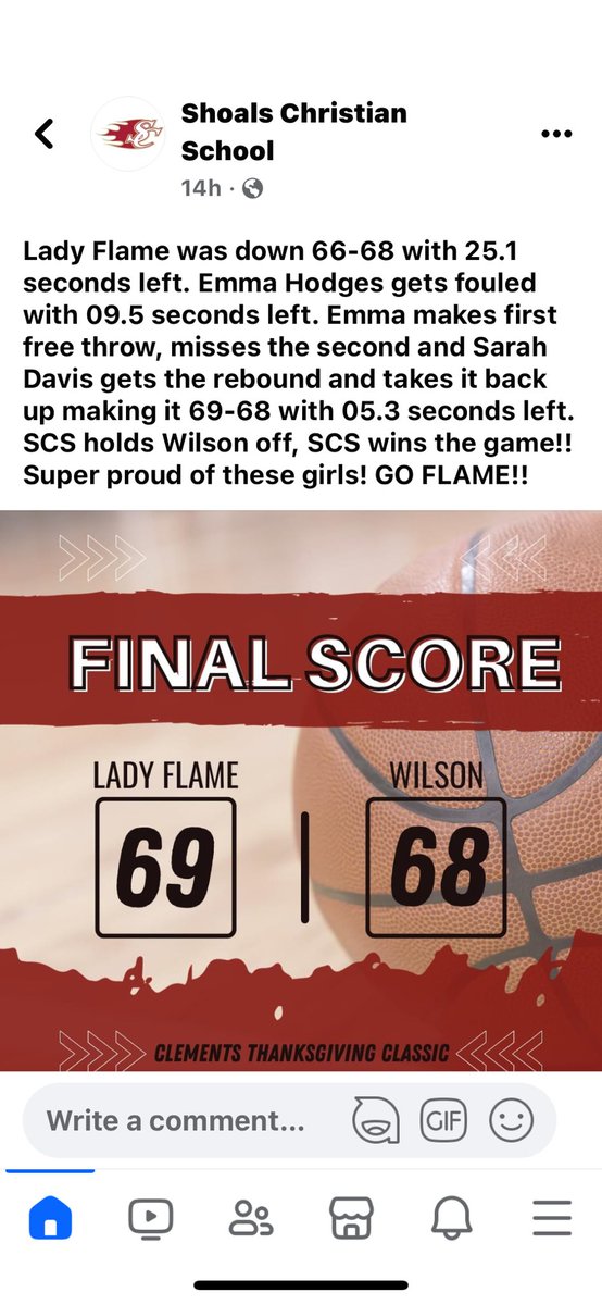 scs_wbb's tweet photo. Exciting win!! #goflame @emma_wallen1 https://t.co/bQsCTmF3Om