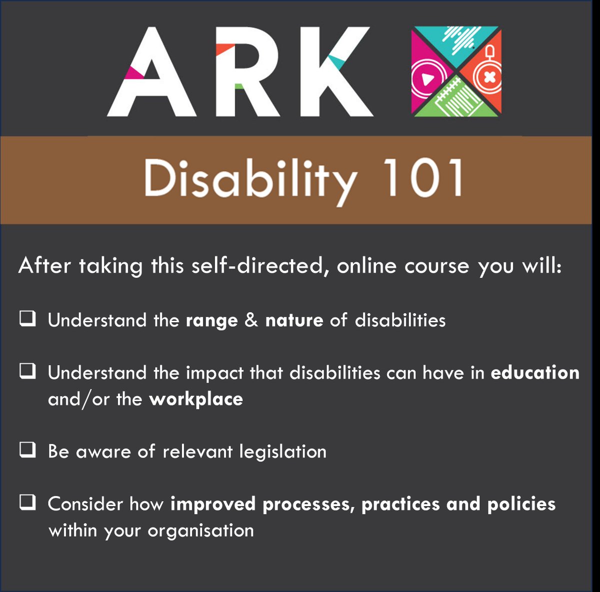We all have a role to play when it comes to creating accessible environments in #education &amp; #employment. We have a brand new online course to give you an introduction to Disability Awareness, Inclusion and Equity!
#AHEADark 

Take the course now! - buff.ly/3Gb5hzf