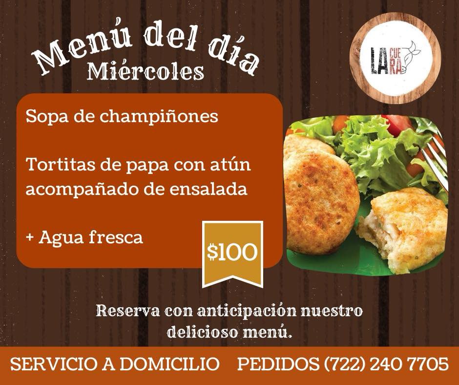 MENÚ DEL DÍA | MIÉRCOLES👨🏻‍🍳 🍅 

Buenos días! ☀️ 
¡Haz tu pedido por aquí! 👇
📲 goo.gl/qLdyDk 

🛵 Envíos a domicilio (pregunta por nuestra cobertura)
📍 Calle 3s, Parque Industrial Toluca 2000, Toluca Edo de México. 
.
.
.

#LaCueraFoodtruck
#CocinaTamaulipeca