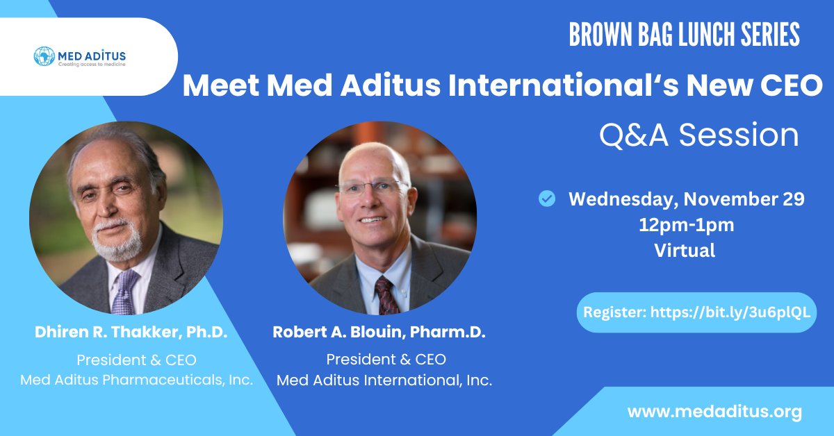Don't forget to join us for a Q&amp;A session with <a href="/dthakker/">Dhiren Thakker</a> and Bob Blouin on <a href="/medaditus/">@MedAditusPharmaceuticals</a> next steps! Wednesday, Nov. 29 at 12pm (noon) EDT. Register here: bit.ly/3u6plQL