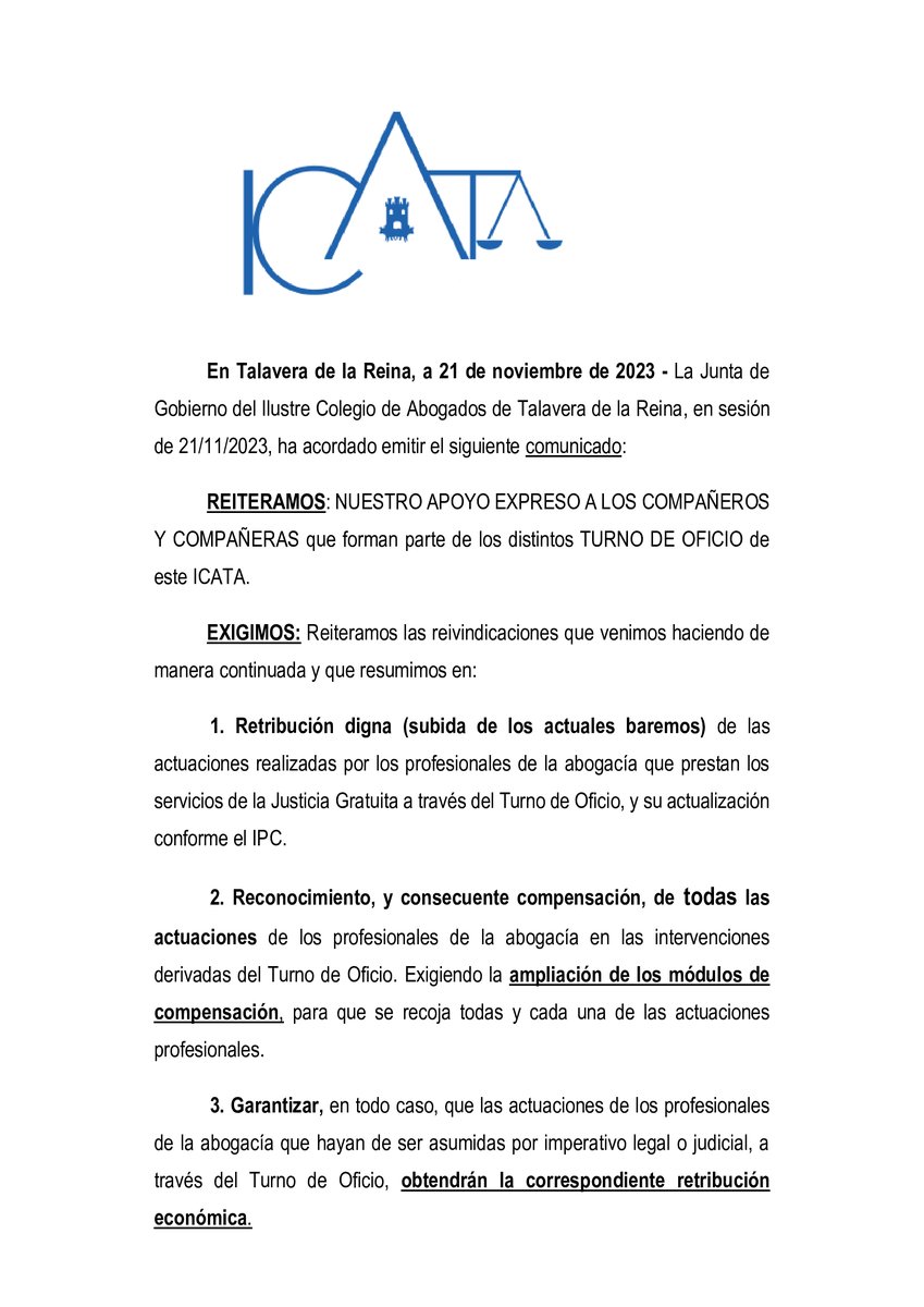 IcaTalavera's tweet image. ⚖️Comunicado ICATA Turno de Oficio 21/11/2023 #comunicados #ICATA #JusticiaGratuita #TurnoOficio #DignidadParaTO #BaremosJustos @MargaCerro @felixbolanosg @justiciagob