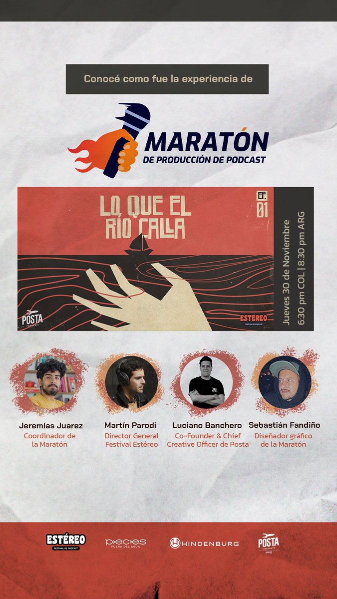El 30 de Noviembre tenés una cita con La Maratón de Podcast. Junto con @porfueradelagua te traemos a todos sus protagonistas: ¡@JeremiasJuarez1, @martinparolax, #LucianoBanchero, #SebastianFandiño y les maratonistas! Inscribite gratis acá tally.so/r/mBx7BA