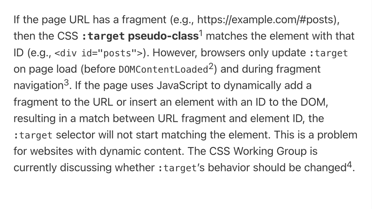 WebPlatformNews's tweet image. CSS :target isn’t dynamically updated in browsers
