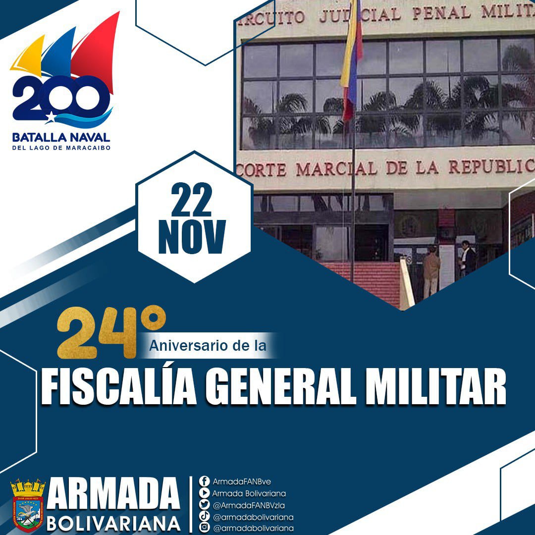 📌 Hoy celebramos el 24° Aniversario de la Fiscalía General Militar, institución creada para velar por la exacta observancia de las disposiciones legales y reglamentarías, aplicables en forma directa o supletoria, que rigen las obligaciones inherentes a los miembros de la #FANB.