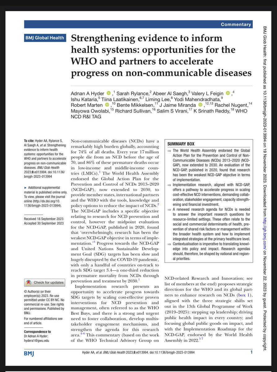 “Implementation research offers a pathway to accelerate #SDG progress in scaling #NCD interventions.” Glad to see this new paper out in @GlobalHealthBMJ gh.bmj.com/content/8/11/e…