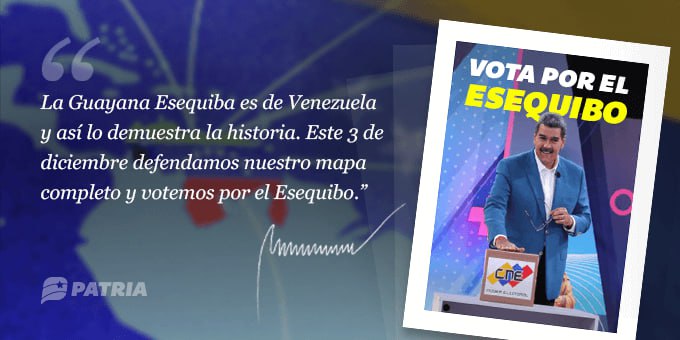 Vota por el Esequibo

Inicia la entrega del Bono Vota por el Esequibo enviado por nuestro Presidente <a href="/NicolasMaduro/">Nicolás Maduro</a> a través de la Plataforma Patria. La entrega tendrá lugar entre los días 22 al 30 de noviembre de 2023.

blog.patria.org.ve/vota-esequibo/

#MiTierraNoSeNegocia