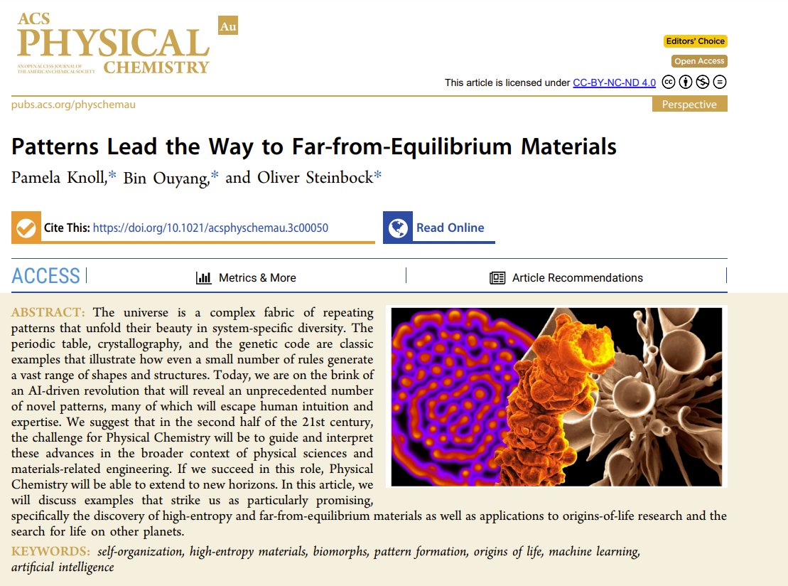 Oliver Steinbock (@steinbockgroup) on Twitter photo Perspective Article on patterns and the future of #materials science with <a href="/PamelaKnoll/">Pamela Knoll</a> <a href="/Bin_Ouyang_CMS/">Bin Ouyang</a>. Big picture discussion of how dynamic spatiotemporal patterns are key to living systems & adaptive/active matter. #AI #chemobrionics #selforganization
doi.org/10.1021/acsphy… Perspective Article on patterns and the future of #materials science with <a href="/PamelaKnoll/">Pamela Knoll</a> <a href="/Bin_Ouyang_CMS/">Bin Ouyang</a>. Big picture discussion of how dynamic spatiotemporal patterns are key to living systems & adaptive/active matter. #AI #chemobrionics #selforganization
doi.org/10.1021/acsphy…