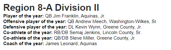 GHSFdaily's tweet image. Congrats to Region 3-A Division II's all-region team and to POY Jim Franklin.

@JimFranklin_7 @IrishNationAHS @co_devils @gchstigersfb