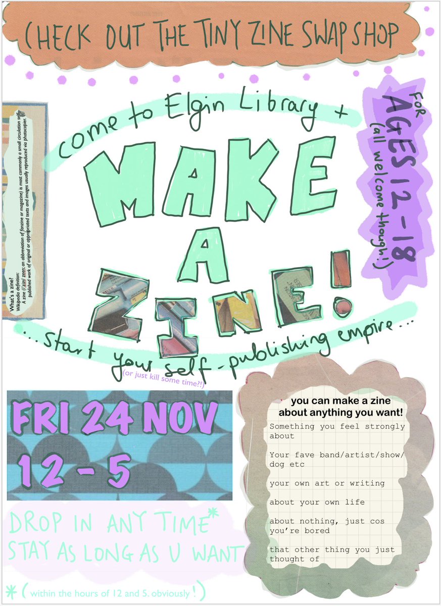 Drop-in Zinemaking at Elgin Library on Friday! If any of my Morayshire babies know any Elgin adjacent teens then send them in my direction, please and thank you! Free, fun, low stakes, high joy.
[ @LibraryatEA @YLGScotland @CILIPScotland ]