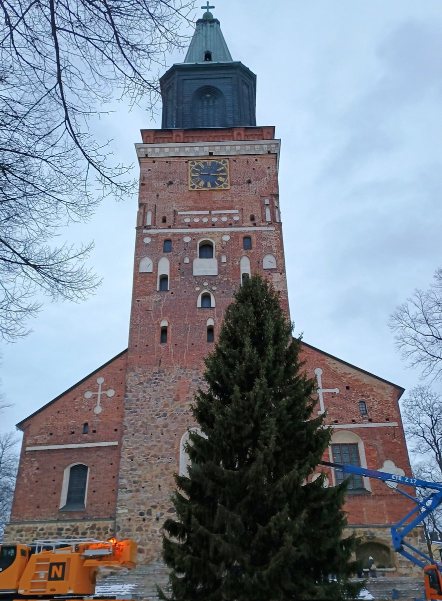 Turun tuomiokirkon edustalle saapui tänään joulukuusi. Pituus 20 m, paino 4000 kg, ikä noin 40v, kasvanut Mynämäellä 🌲 #Turku @Turkukaupunki