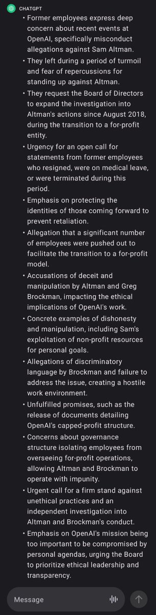 Seems like a good amount of people didn't like Sam and Greg's practices as far back as Aug '18. Here's the #ChatGPT cliff notes of the letter.

#OpenAI #SamAltman #GregBrockman