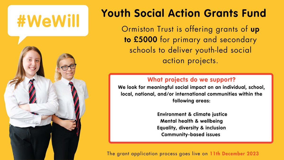 We believe in the power of #YouthSocialAction. That's why we're offering grants of up to £5000 for schools to deliver their own YSA projects.

Please contact Fiona Gregory to register your interest. fionagregory@ormistontrust.co.uk

#WeWill #OT #WeWillOrmiston