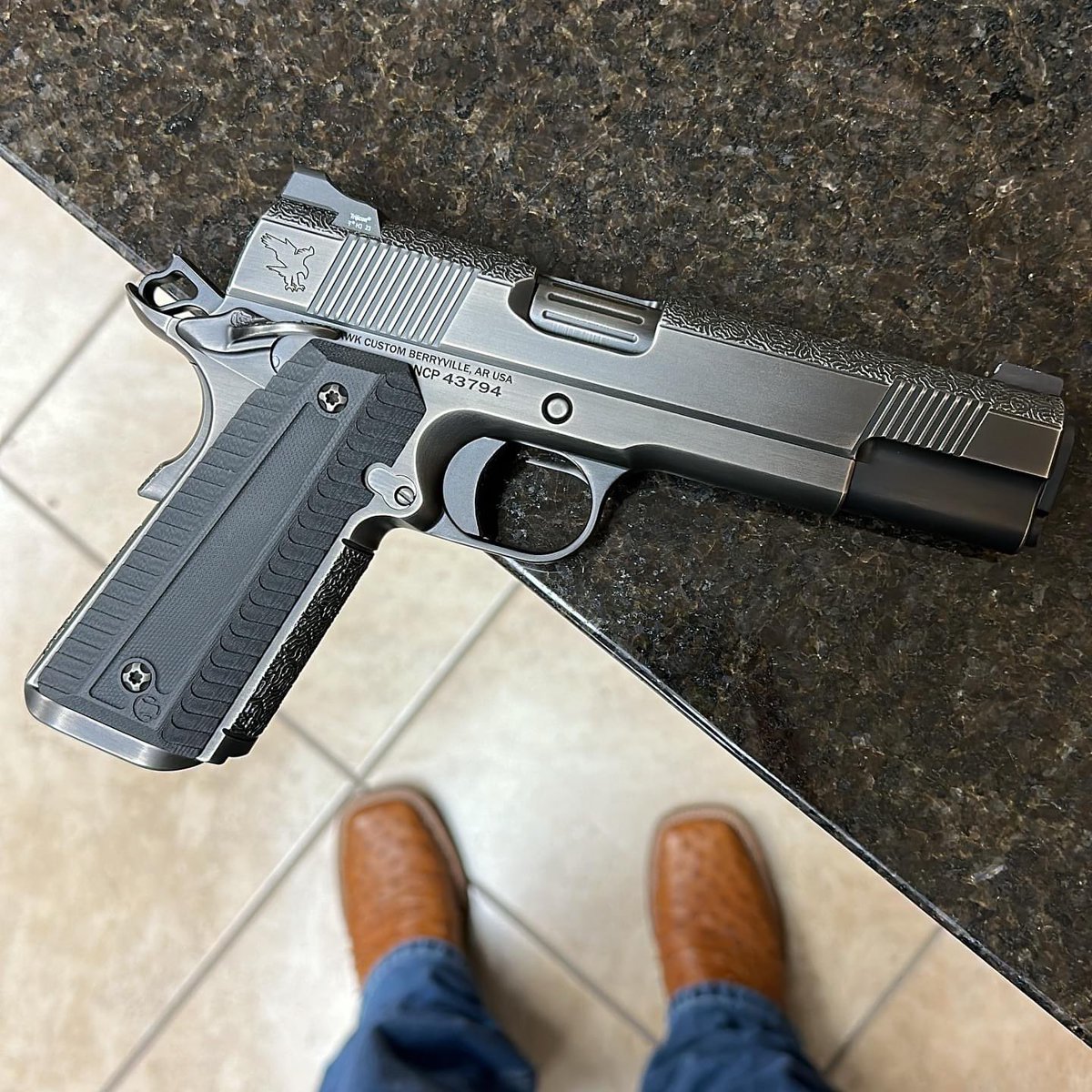 NighthawkCustom's tweet photo. The CCS (Complete Custom Stipple) in .45 ACP paired with some light colored ostrich boots >>>
America!!
#HandStippled #HandBuilt #Gunsmith #Custom1911 #NighthawkCustom #1911 #45ACP #1911Pistol https://t.co/rHY47BqkGN