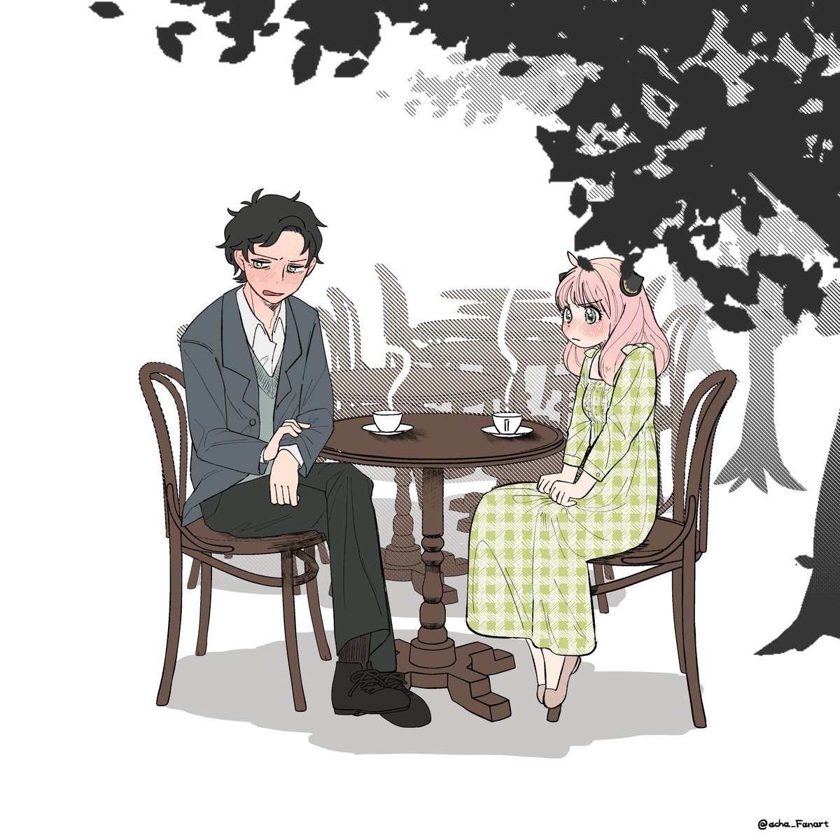 anya (spy x family) ,damian desmond 1girl 1boy dress pink hair sitting black hair chair  illustration images