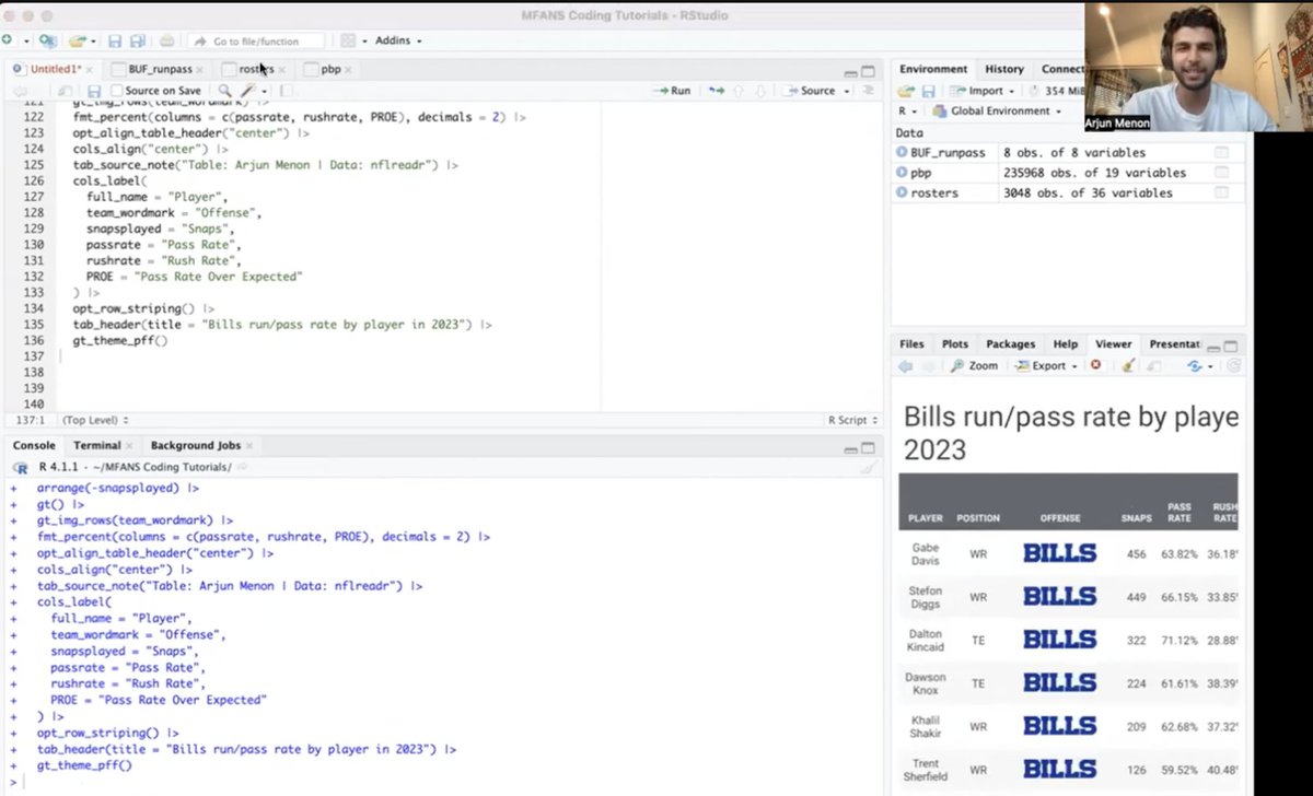 If you have time over Thanksgiving break and want to learn to code in R, I put together a coding tutorial of how to use free public NFL data to look at a team's run/pass tendencies when a certain player(s) are on/off the field using R. 

Youtube link: youtube.com/watch?v=H51jJe…
