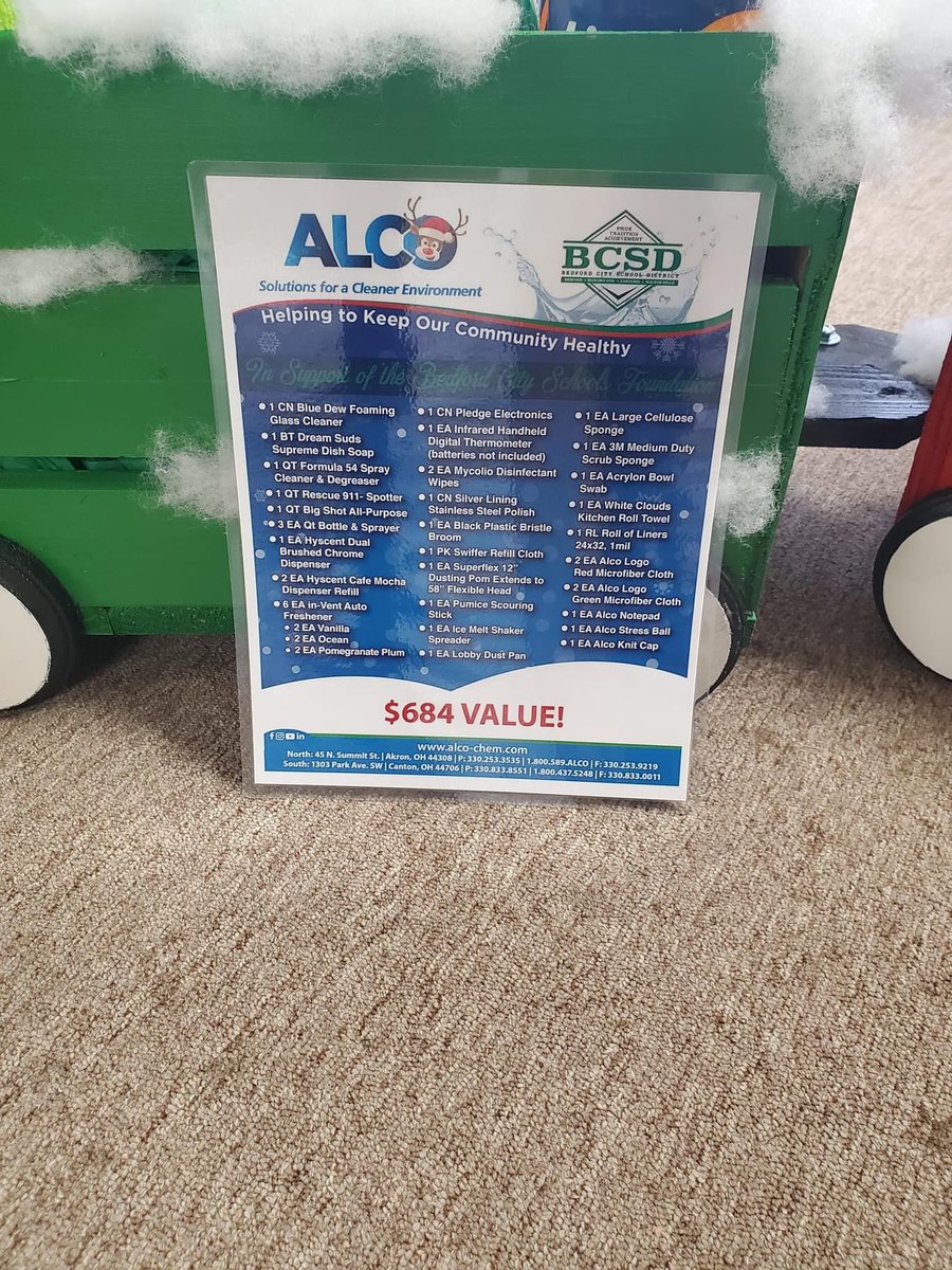 BedfordCSFound's tweet photo. It's time for some online auction teasers. If you haven't taken advantage of the free Registration process, you should now so you can bid some great packages.
Look at this package worth $684 of cleaning supplies donated by Alco and in a cute train! Item #185. https://t.co/vZ24tgCNAi