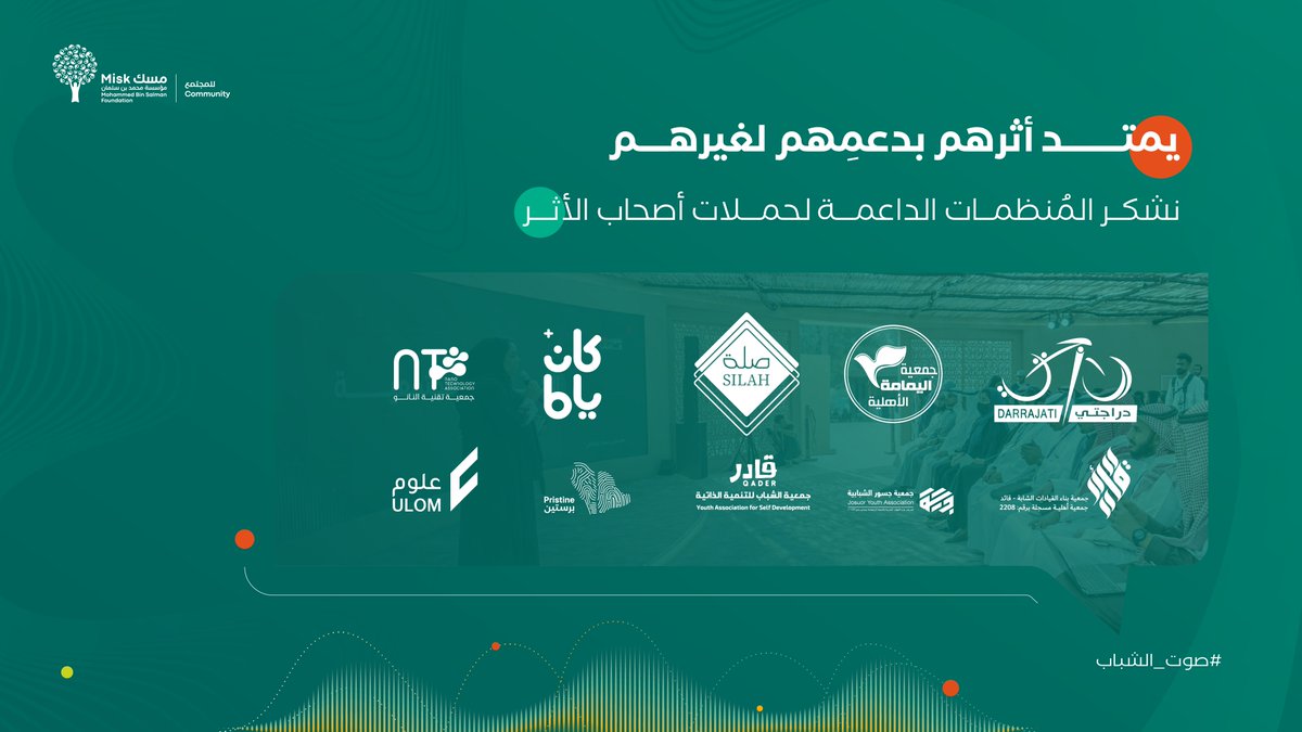 MiskCommunity's tweet photo. مُنظمات شبابية غير ربحية فاعلة بدورِها..
تتقدم لها #مسك_للمجتمع بجزيل الشكر على دعمهم لحملات أصحاب الأثر، من خريجي برنامج #صوت_الشباب https://t.co/m9FRbv3l1w