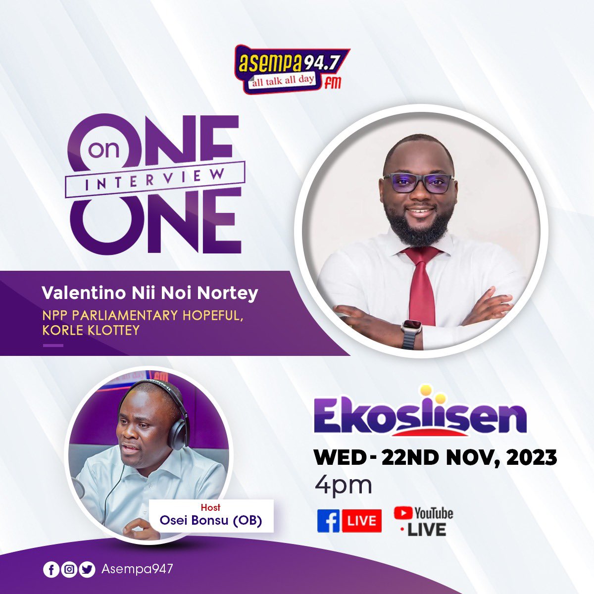 Catch me live at 4pm on Asempa fm 

#niinoinortey 
#korleklotteyconstituency