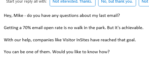 MikeBerensPro's tweet photo. 📧 ATTN Marketors DO BETTTER! I received this email boasting a 70% open rate. Let's rethink: No one cares about features!! Focus on the value you bring!

Example: ABC co. gets 70% open = 25 leads = 10 sales each month = $50k in MRR. #MarketingSuccess #emailmarketing #GrowthMindse https://t.co/WQPN2BfgOm