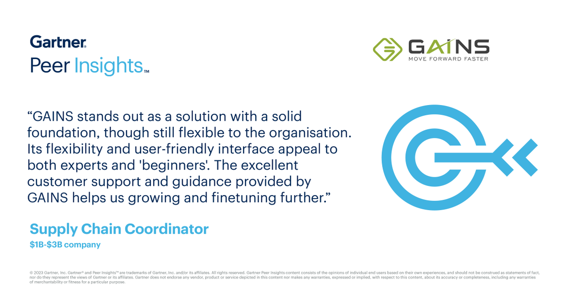 If you're looking to level up your supply chain, take a look at this review of GAINS on Gartner's Peer Insights. Don't just take our word for it, see for yourself why companies trust us to help them achieve #supplychain success. gtnr.it/3uzKRxd