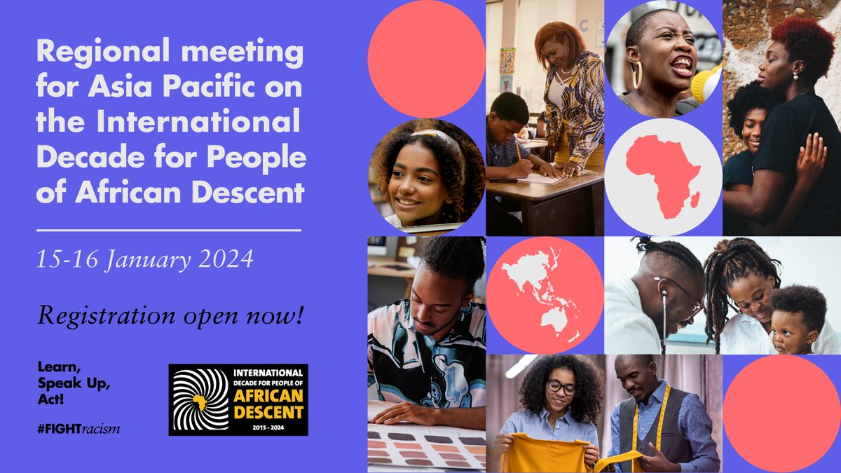 Mark your calendar! 📢Join us at the Regional meeting for Asia Pacific on the International Decade for People of #AfricanDescent, focused on recognition, justice and development. 📅15-16 January 2024. Register: ow.ly/SHHf50QaouW