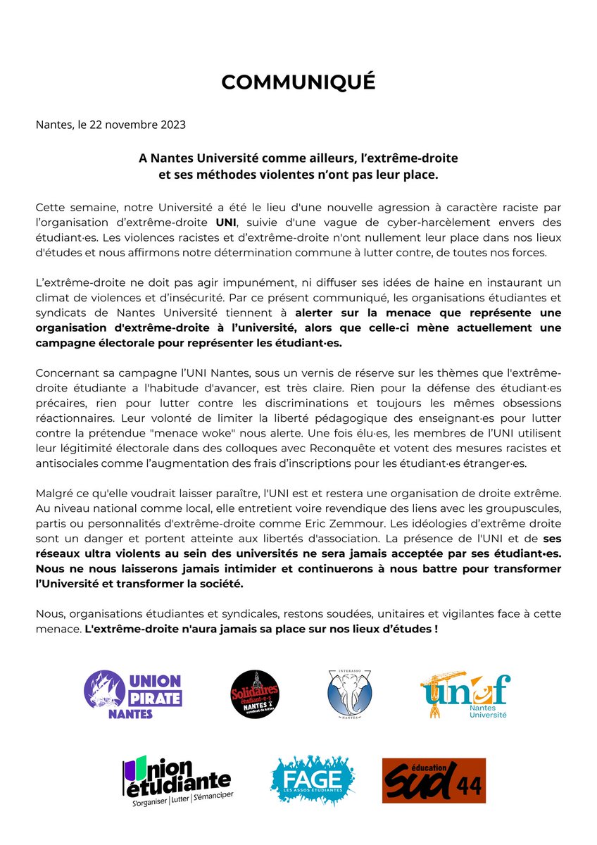 🗣️ À Nantes Université comme ailleurs, l'extreme-droite et ses méthodes violentes n'ont pas leur place !

Après une nouvelle agression à caractère raciste par l'UNI, l'Union Pirate et les organisations étudiantes de Nantes alertent sur le danger de l'extrême-droite 🏴‍☠️