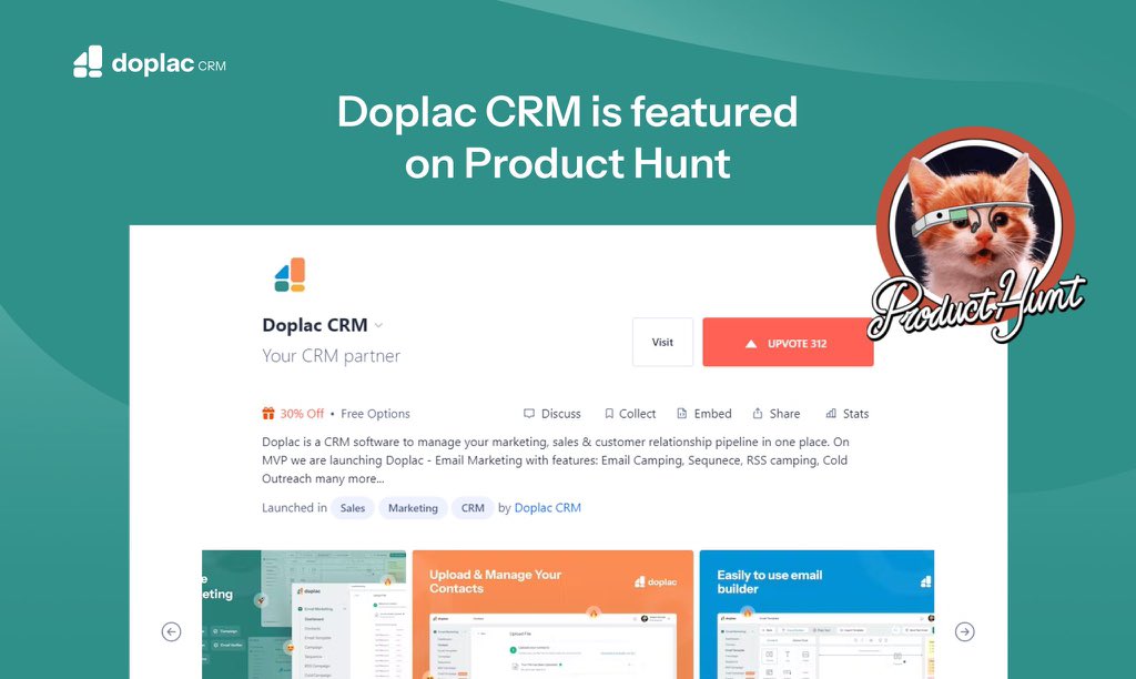 We just launched our app, Doplac, on PH. 
We're currently in the top 5 &amp; aiming for the 1st place. I'd really appreciate it if you could give us an upvote &amp; drop a comment. 
producthunt.com/posts/doplac-c…

Use coupon: PH30 to get an additional 30% Discount

#doplaccrm #BlackFriday2023
