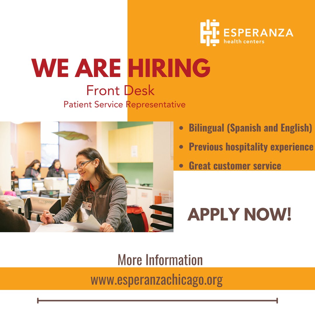 We're hiring! Join our team as Front Desk Personnel! If you're bilingual (English/Spanish) with hospitality experience, we want you! Apply now - esperanzachicago.org

#FrontDesk #HealthCare #hiring