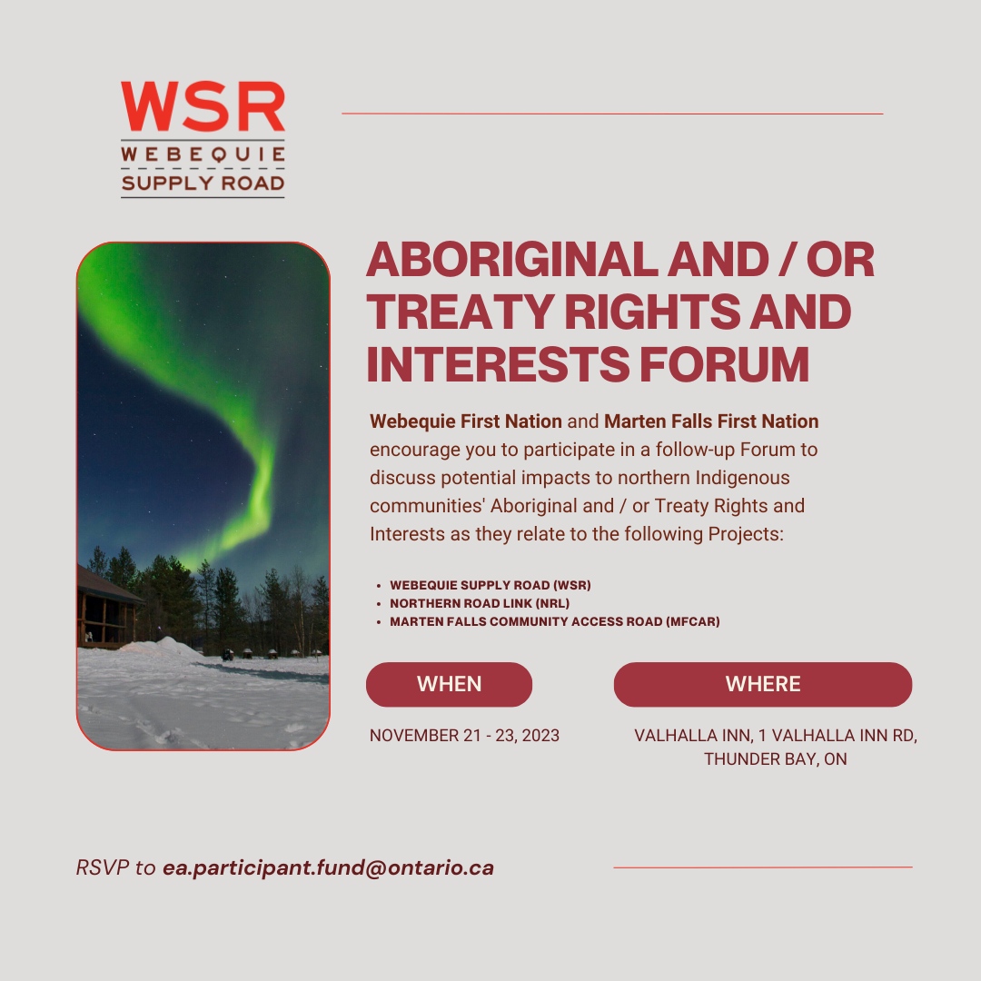 Be part of the discussion at the Aboriginal and Treaty Rights and Interests Forum hosted by Webequie First Nation & Marten Falls First Nation!⁠

Join us today, November 22-23, 2023, at Valhalla Inn, Thunder Bay, ON. ⁠
⁠⁠
#WSR #Martenfalls #Aboriginal&TreatyRights