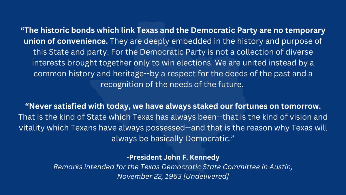 daniellestras's tweet photo. Today is the 60th anniversary of JFK's assassination. On that day in 1963, JFK was supposed to deliver a speech in Austin about the relationship between Texas and the Democratic Party. 

A lot has changed in 60 years, but many of those undelivered remarks still inspire. #JFK60 https://t.co/nTD8HrS1c2
