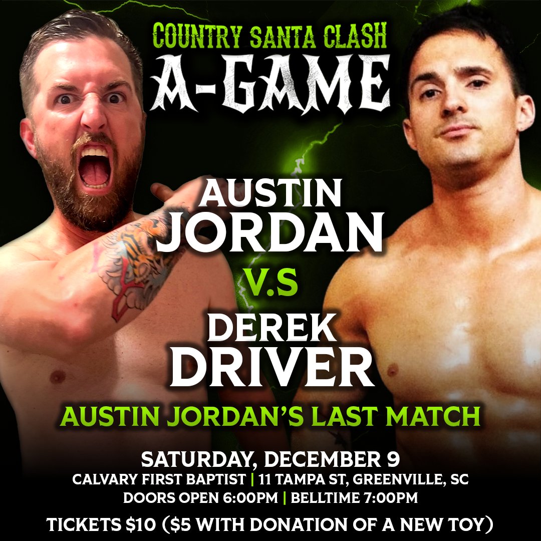 3CountPro's tweet image. ⚡ MATCH ANNOUNCEMENT ⚡

At Nightmare, Austin Jordan officially announced his retirement from professional wrestling. 

At Country Santa Clash, the "A-Game" will compete in the very last match of his career, against his long-time rival, the returning Derek Driver.
